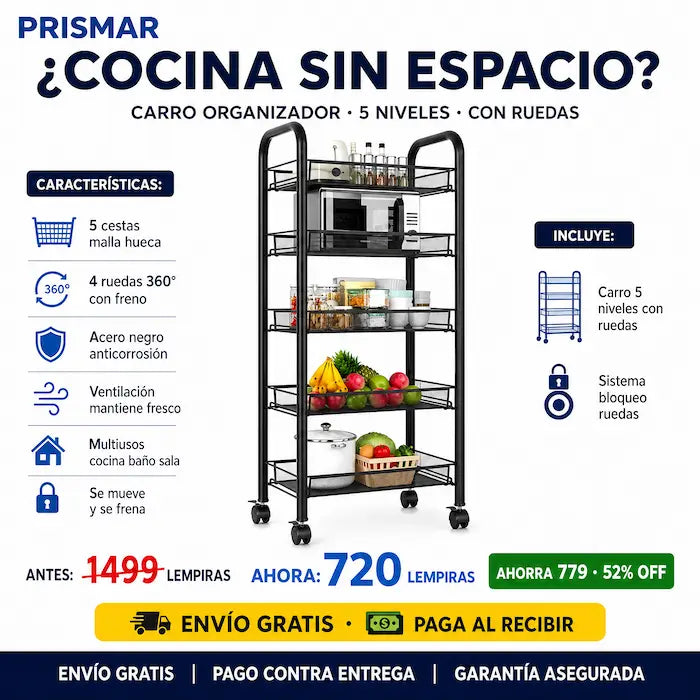 🛒✨ Carrito Organizador 5 Niveles con Ruedas — Cocina, Baño y Más | Acero Negro 🏠🔄