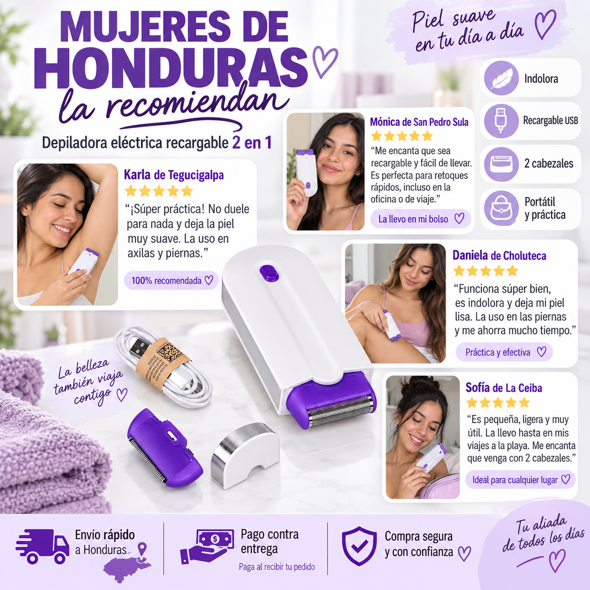 Depiladora Eléctrica Recargable Indolora 2 en 1 — Piel Suave Sin Dolor