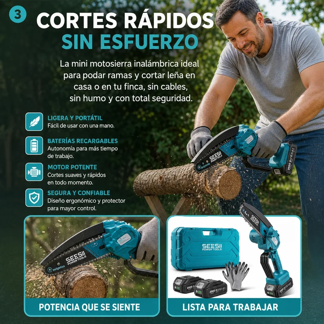 Mini Motosierra Eléctrica 21V — ¡Podá y Cortá con una Sola Mano!