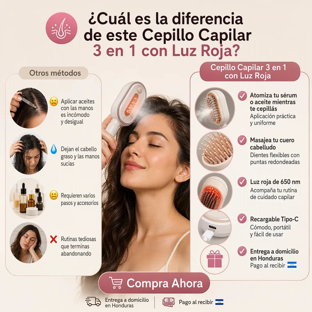 Peine Eléctrico 4 en 1 con Luz Roja, Spray de Aceite y Masaje para el Cabello – Recargable USB-C