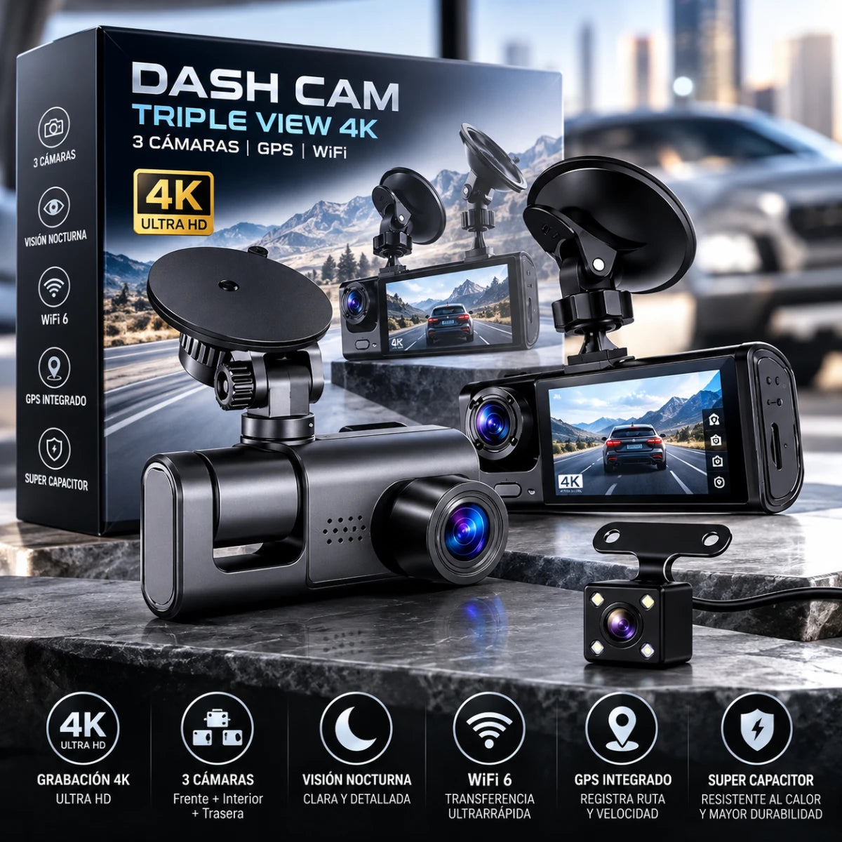 TripleView 4K | Dash Cam 3 Cámaras con GPS, WiFi y Memoria 64GB + Pago al Recibir + Garantía