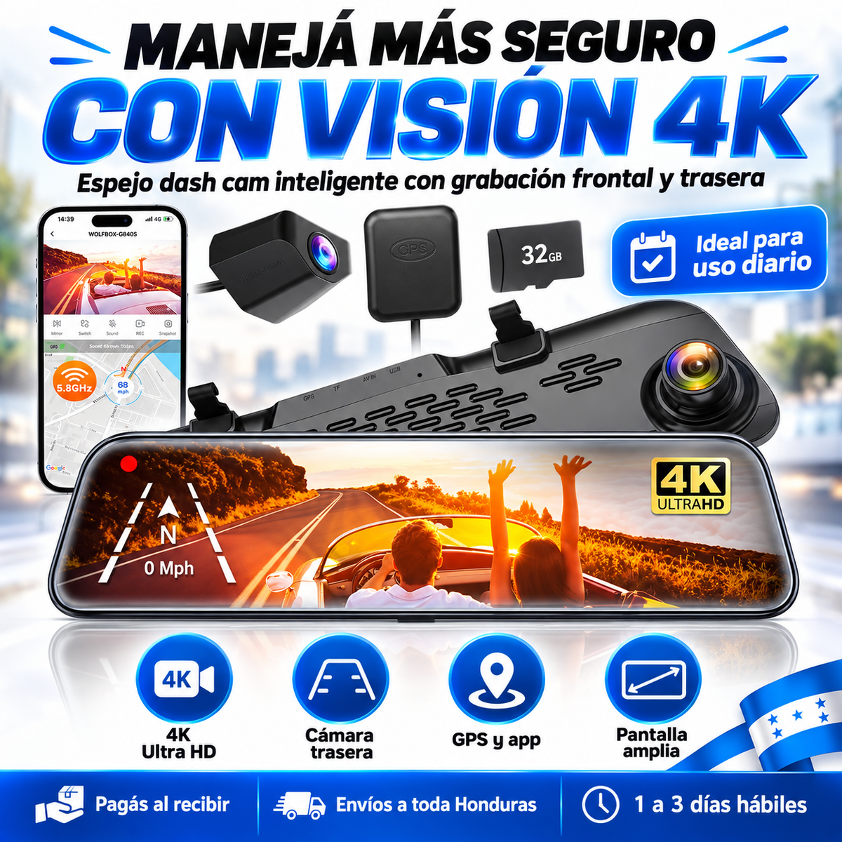 DriveSafe Vision™ – Espejo Retrovisor Inteligente con Cámara