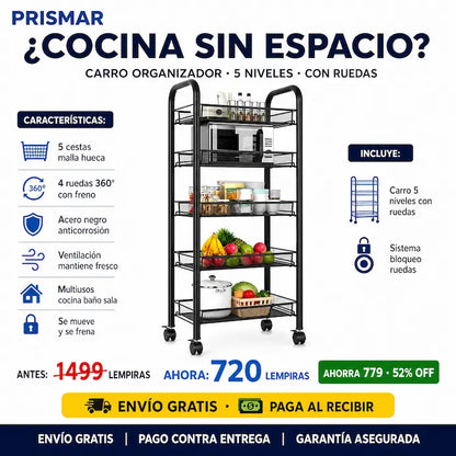 🛒✨ Carrito Organizador 5 Niveles con Ruedas — Cocina, Baño y Más | Acero Negro 🏠🔄