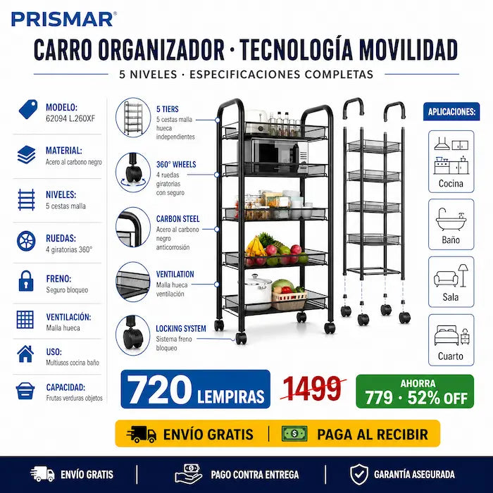 🛒✨ Carrito Organizador 5 Niveles con Ruedas — Cocina, Baño y Más | Acero Negro 🏠🔄 - imagen 3