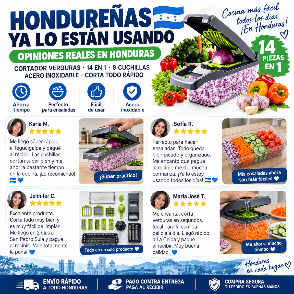 Cortadora de Verduras 14 en 1 — 8 Cuchillas de Acero