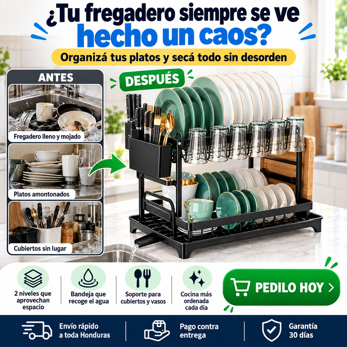 Escurridor de Platos 2 Niveles con Bandeja Drenadora — Doble Capacidad, Acabado Premium