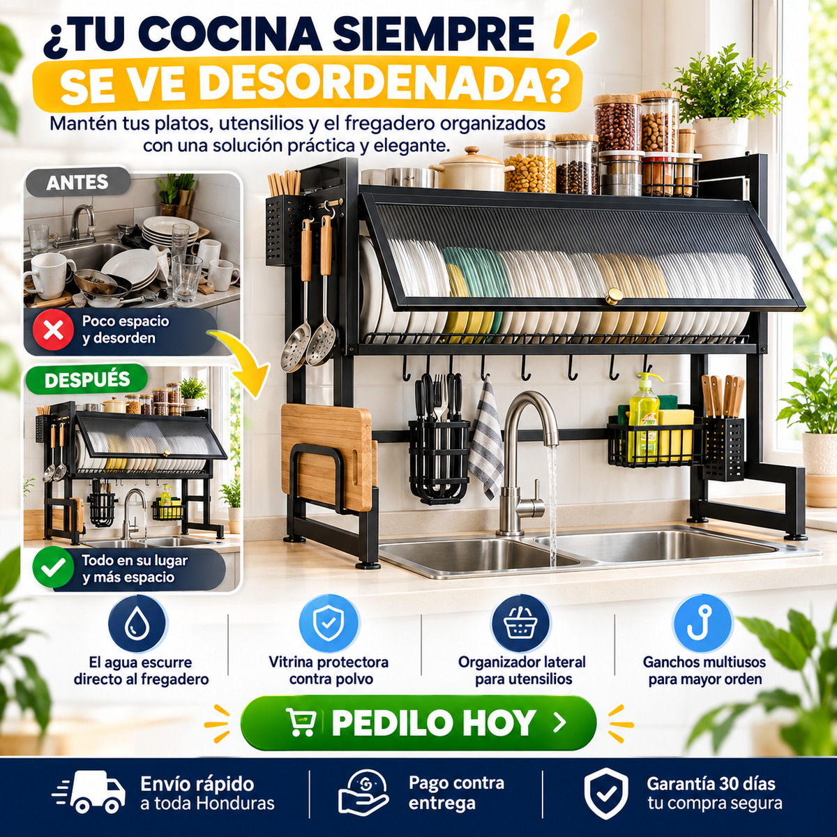 Organizador de Cocina Sobre el Fregadero con Vitrina — Libera el 100% del Mesón
