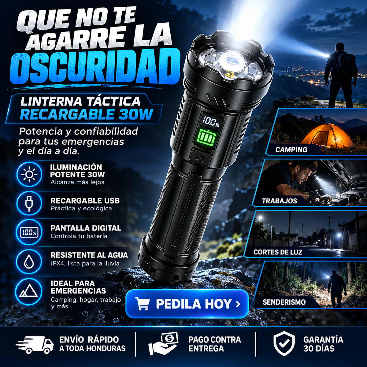Linterna Táctica Recargable 7 LED con Display Digital USB