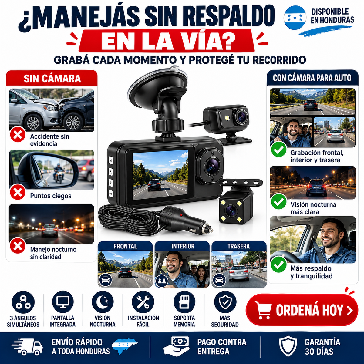 Dash Cam 3 Cámaras para Auto (Frontal + Interior + Trasera) — Protección Total al Volante