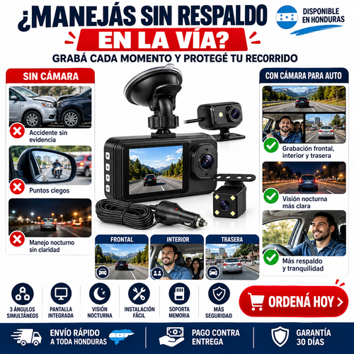 Dash Cam 3 Cámaras para Auto (Frontal + Interior + Trasera) — Protección Total al Volante