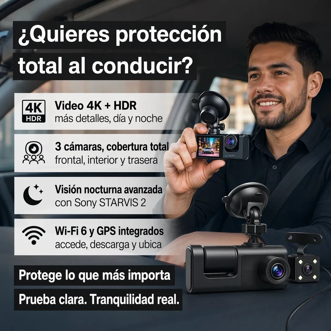 TripleView 4K | Dash Cam 3 Cámaras con GPS, WiFi y Memoria 64GB + Pago al Recibir + Garantía