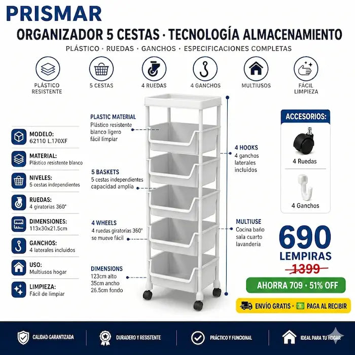 🛒🤍 Carrito Organizador Plástico Blanco 5 Niveles con Ruedas — 113cm | 4 Ganchos Incluidos | Multiusos 🏠✨ - imagen 3