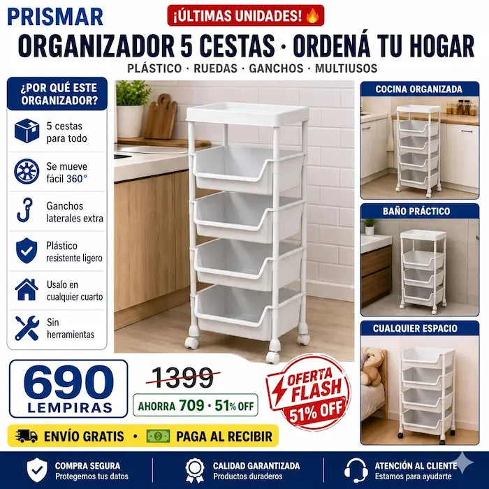 🛒🤍 Carrito Organizador Plástico Blanco 5 Niveles con Ruedas — 113cm | 4 Ganchos Incluidos | Multiusos 🏠✨ - imagen 2