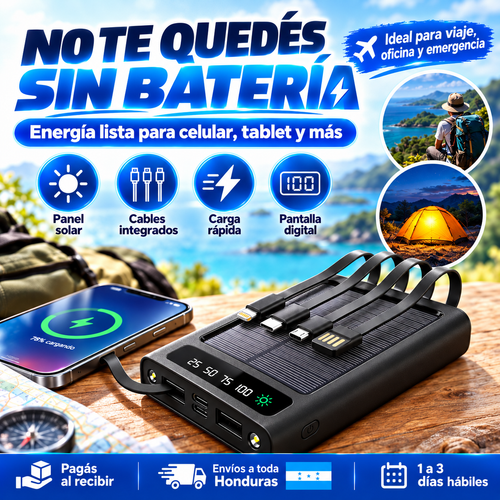 Power Bank Solar 20,000mAh — 4 Cables Integrados | Carga Rápida