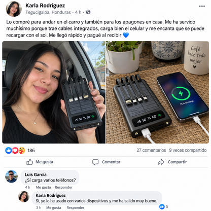Power Bank Solar 20,000mAh — 4 Cables Integrados | Carga Rápida