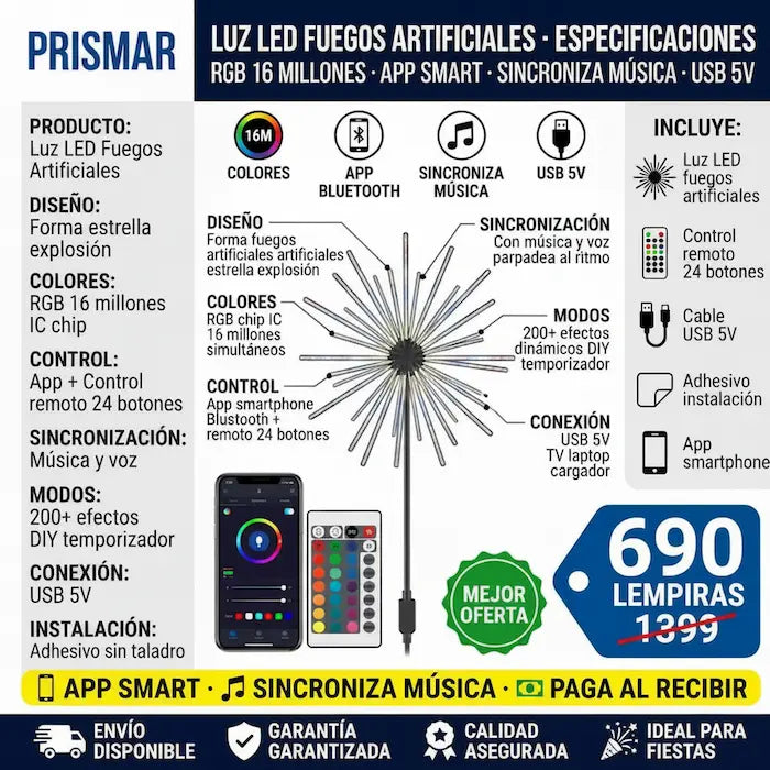🎆✨ Luces LED Fuegos Artificiales RGB — App + Control Remoto | Sincronización con Música | 200+ Modos 🌈🎵 - imagen 3