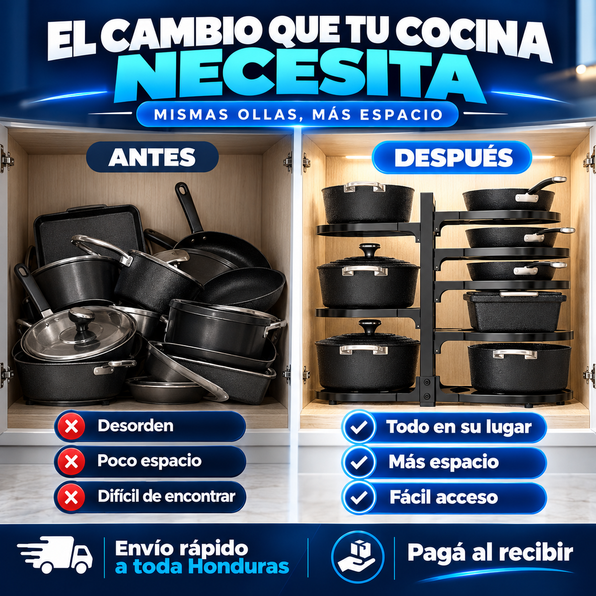 Organizador ajustable de ollas y sartenes de servicio
