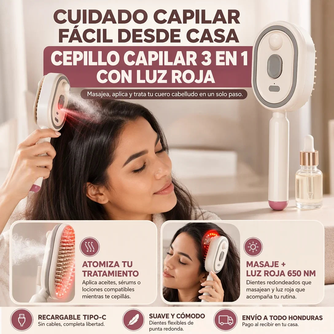 Peine Eléctrico 4 en 1 con Luz Roja, Spray de Aceite y Masaje para el Cabello – Recargable USB-C