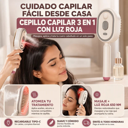Peine Eléctrico 4 en 1 con Luz Roja, Spray de Aceite y Masaje para el Cabello – Recargable USB-C