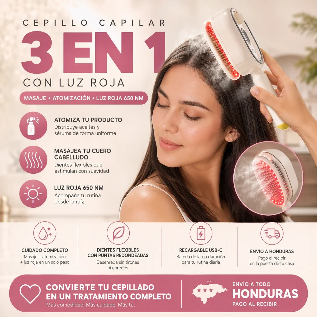 Peine Eléctrico 4 en 1 con Luz Roja, Spray de Aceite y Masaje para el Cabello – Recargable USB-C