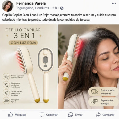 Peine Eléctrico 4 en 1 con Luz Roja, Spray de Aceite y Masaje para el Cabello – Recargable USB-C