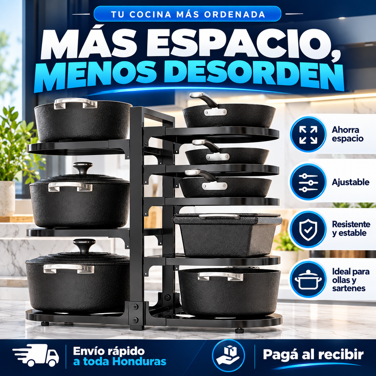 Organizador ajustable de ollas y sartenes de servicio