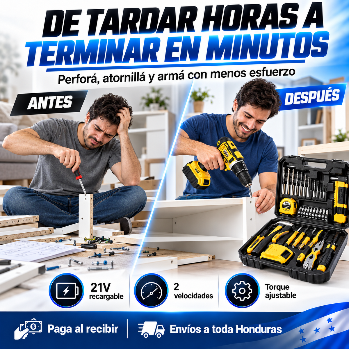 Kit Taladro Inalámbrico 3 en 1 — 21V · 2 Baterías