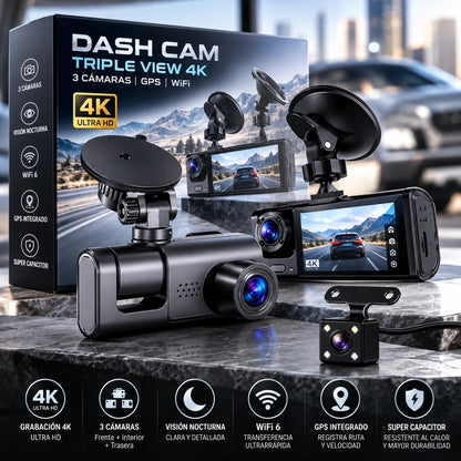 TripleView 4K | Dash Cam 3 Cámaras con GPS, WiFi y Memoria 64GB + Pago al Recibir + Garantía